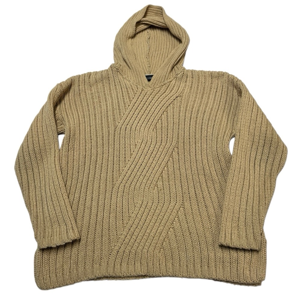 J Peterman Sweater Tan Mixed Braided Knit Cotton Pullover Hoodie M Lagenlook